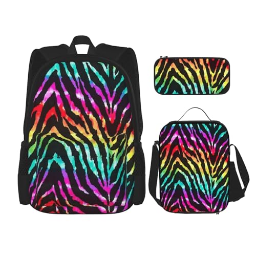 DENMER Mehrzweck-Schultasche mit passendem Federmäppchen und Lunchtasche, stilvolle All-in-One-Lösung, Buntes Regenbogen-Zebra, Einheitsgröße