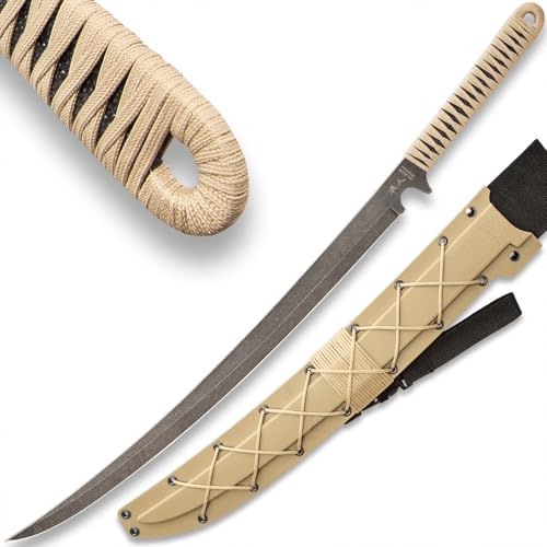 Black Ronin Tan Combat Wakizashi Sword with Injection Molded Sheath - Stonewashed Stainless Steel Blade, Cord-Wrapped Handle