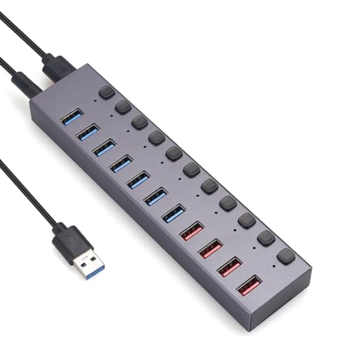 Knadgbft USB3.0-Splitter, 11-Port-Multi-Interface-HUB mit Schalter, Langlebig, Einfache Installation