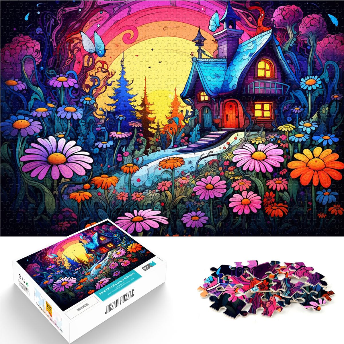 Puzzle Buntes Blumenhaus, 1000-teiliges Puzzle aus Holz, Familienspiel zum Stressabbau, schwieriges Herausforderungspuzzle, 1000 Teile (50 x 75 cm)