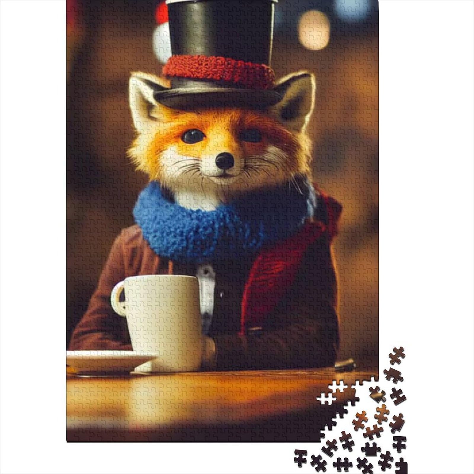 Lustiges Puzzle mit Fuchs und Kaffee für Erwachsene, 1000 Teile, 100% recycelte Holzplatte, für Teenager, Jungen und Mädchen (Größe 75 x 50 cm)