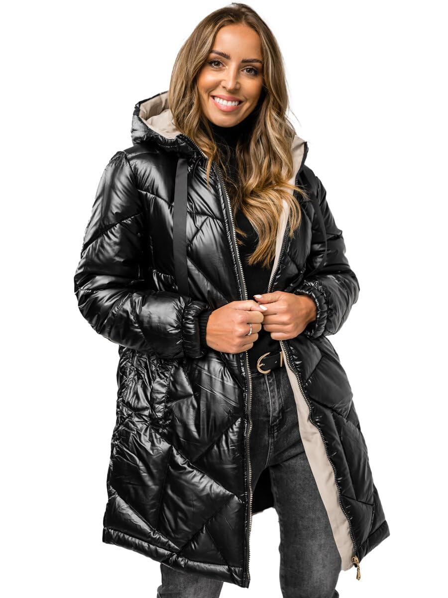 BOLF Damen Winterjacke Parka Gefüttert mit Kunstfell Kapuze Wintermantel Lange Steppjacke Daunenjacke Puffermantel Sportjacke Warm Gefüttert Freizeit Outdoor Casual Style 5M3189 Schwarz L [D4D]