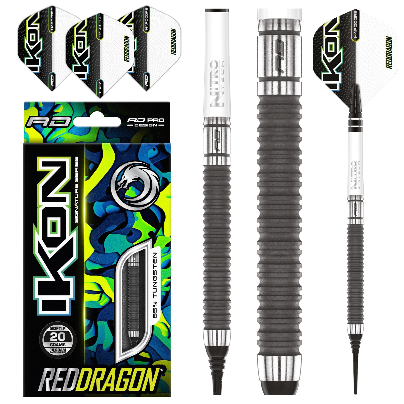 RED DRAGON Ikon 1.4 20 Gramm Professionelles Wolfram Softip Dart Set mit Flights und Schäften