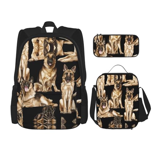 WURTON Schulrucksack-Set mit deutschem Schäferhund, 3-in-1-Büchertaschen-Set mit Lunchbox, Federmäppchen, Reise-Laptop-Tagesrucksäcke