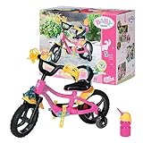 BABY born Fahrrad - Pinkes Puppenfahrrad für 43 cm Puppen mit gelben Schutzblechen, beweglichen Rädern mit Stollenprofil, Gurtsystem, Hupe, Blinklicht und Trinkflasche, 830024, Zapf Creation