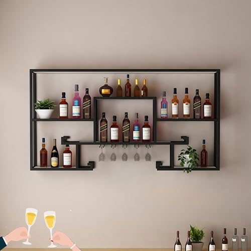 HSJFS Metall Weinregal Bar Regale Wand Mit Hängenden Weinglas Halter Rack Und Led Licht Für Spirituosen Flasche Display Regal Racks Countertop Floating Bar Mini Bar Schrank Für Home Bar Cküche (Co/Bl