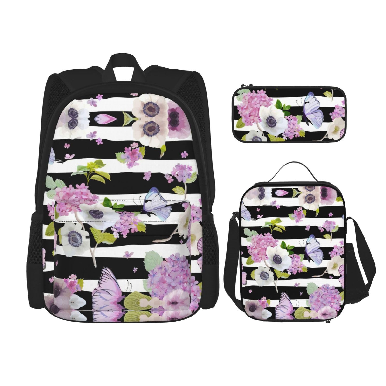 WURTON Verstellbare Schultergurte mit Blumenmotiv und Schmetterling-Motiv, Rucksack-Set, Lunchtasche, Federmäppchen, Kombinationstaschen-Set