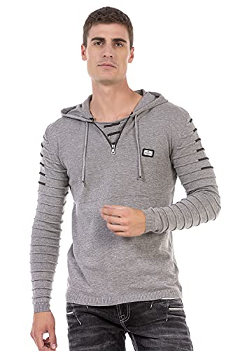 Cipo & Baxx Herren Pullover Strick Gerippt Kapuze Sweater Strickpulli CP246 Grau M