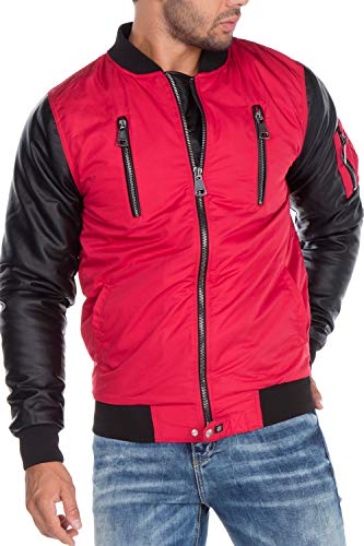 Cipo & Baxx Herren Bomberjacke Fliegerjacke Übergangsjacke mit Rockige Lederärmel Gr.L Rot