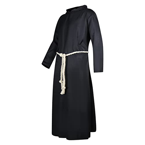 AYYOHON Mönchskostüm, Robe, schwarze Kapuzenuniform mit Kordelgürtel, für Herren, Halloween, Cosplay, Anzug, Größe S