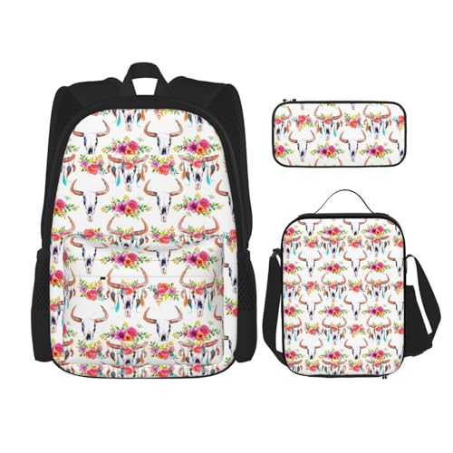 WURTON Runner Bull Skull Print Travel Lunch Box Pencil Case Backpack Set 3 Pieces Adjustable Straps Lightweight, Schwarz, Einheitsgröße