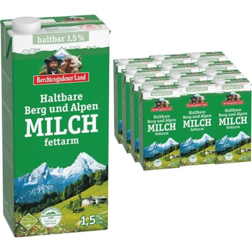 Milch Berchtesgadener Alpenmilch Land H-Milch 1,5% Fett Haltbare Milch Bergbauern-Milch, je 1 Liter, 12 Stück+ pufai