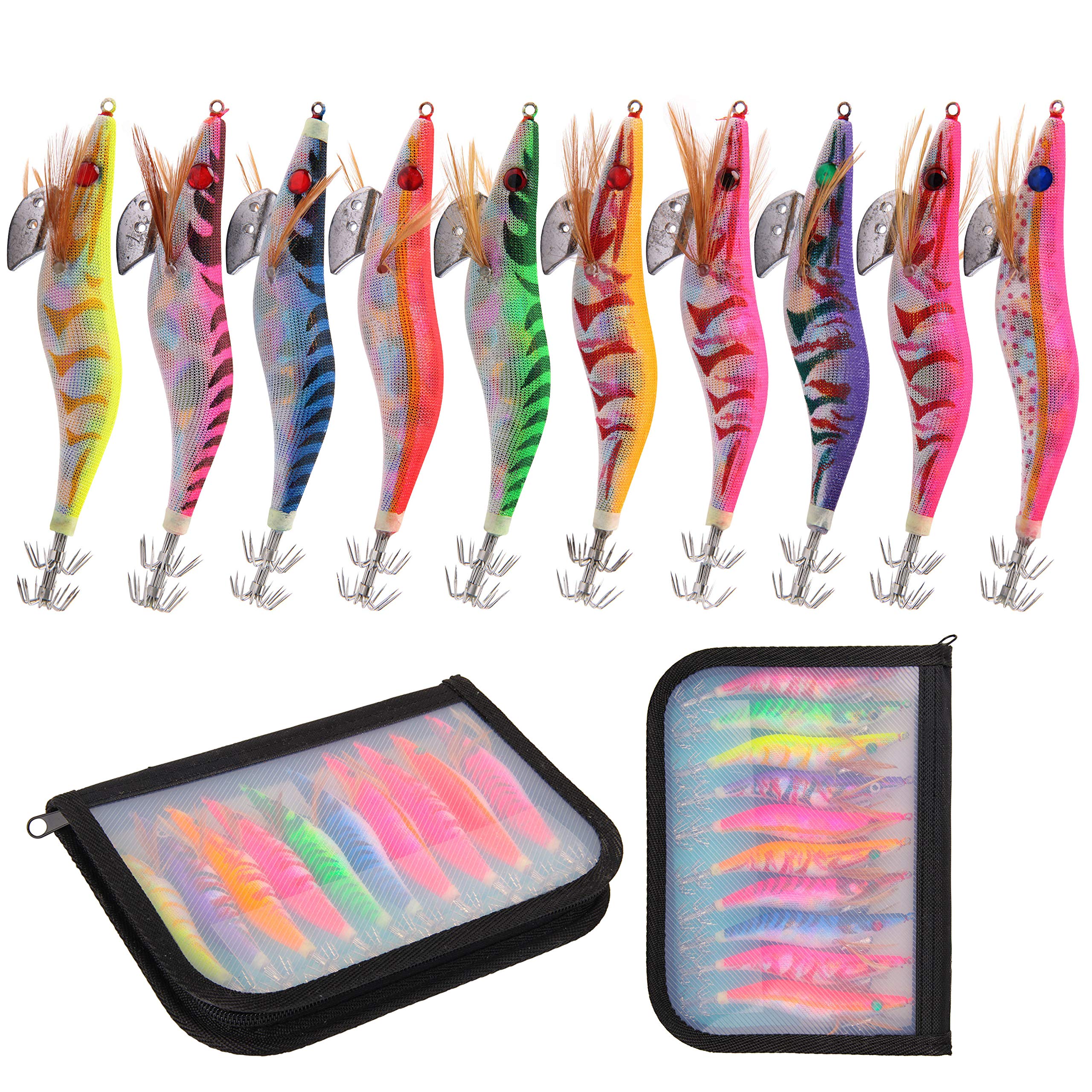 Squid Jig Haken Angelköder Set - 10 STK Luminous Hard Fischköder aus Holz Garnelen Künstliche Köder Kit Glow Lures Octopus Tintenfisch Angelhaken