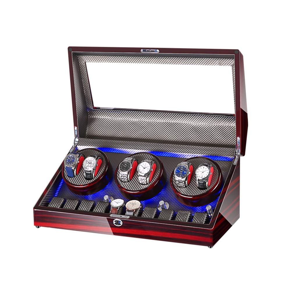 Watch Winder für 6 Uhren + 10 Lagerung, LED-Licht, Holzschale Klavierlack außen, Leder innen, leise Motorrad Watchwinder Box bestes Geschenk