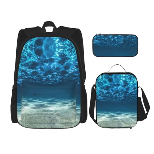 WURTON Ocean Print Trendy Rucksack Taschen Lunchbox und Federmäppchen 3 in 1 Verstellbarer Rucksack Set, Schwarz, One Size, Schwarz , Einheitsgröße