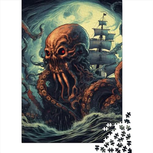 Riesiger roter Oktopus vs. Schiff, Holzpuzzle für Erwachsene und Teenager, 500 Teile, Puzzlegeschenke, Holzpuzzle für Erwachsene und Teenager (Größe 52 x 37 cm)