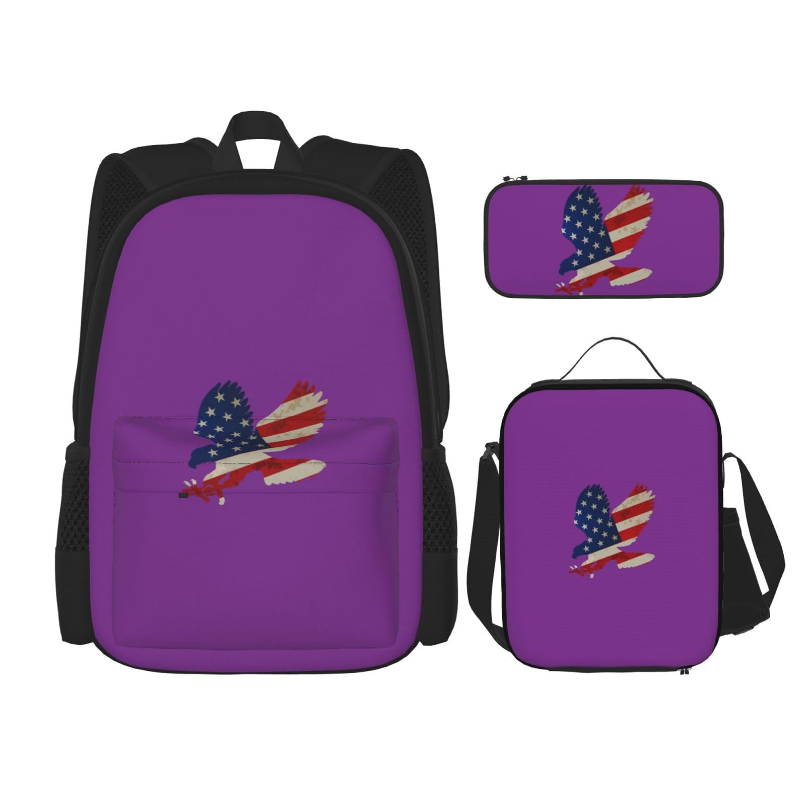 WURTON Rucksack mit amerikanischem Adler und Flagge, für Mädchen, Jungen, Schultaschen, Teenager, Lunchbox und Federmäppchen, 3-in-1-Büchertaschen-Set