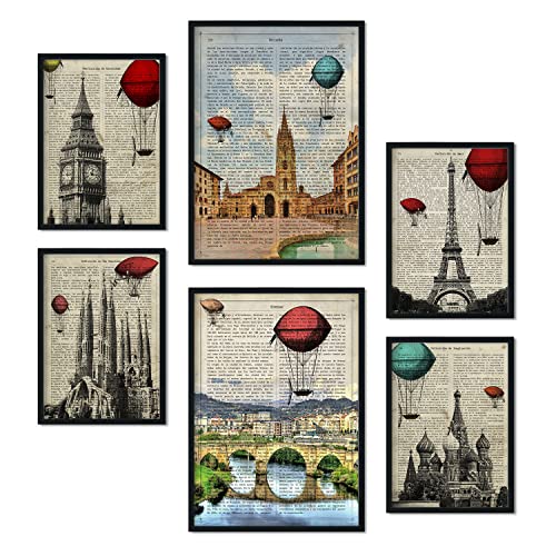 Nacnic Set von 6 Poster von Vintage Cities. Sammlung von Platten mit ästhetischer Collage für Innendekoration. Größen A3 und A4. Mit schwarzem Rahmen.