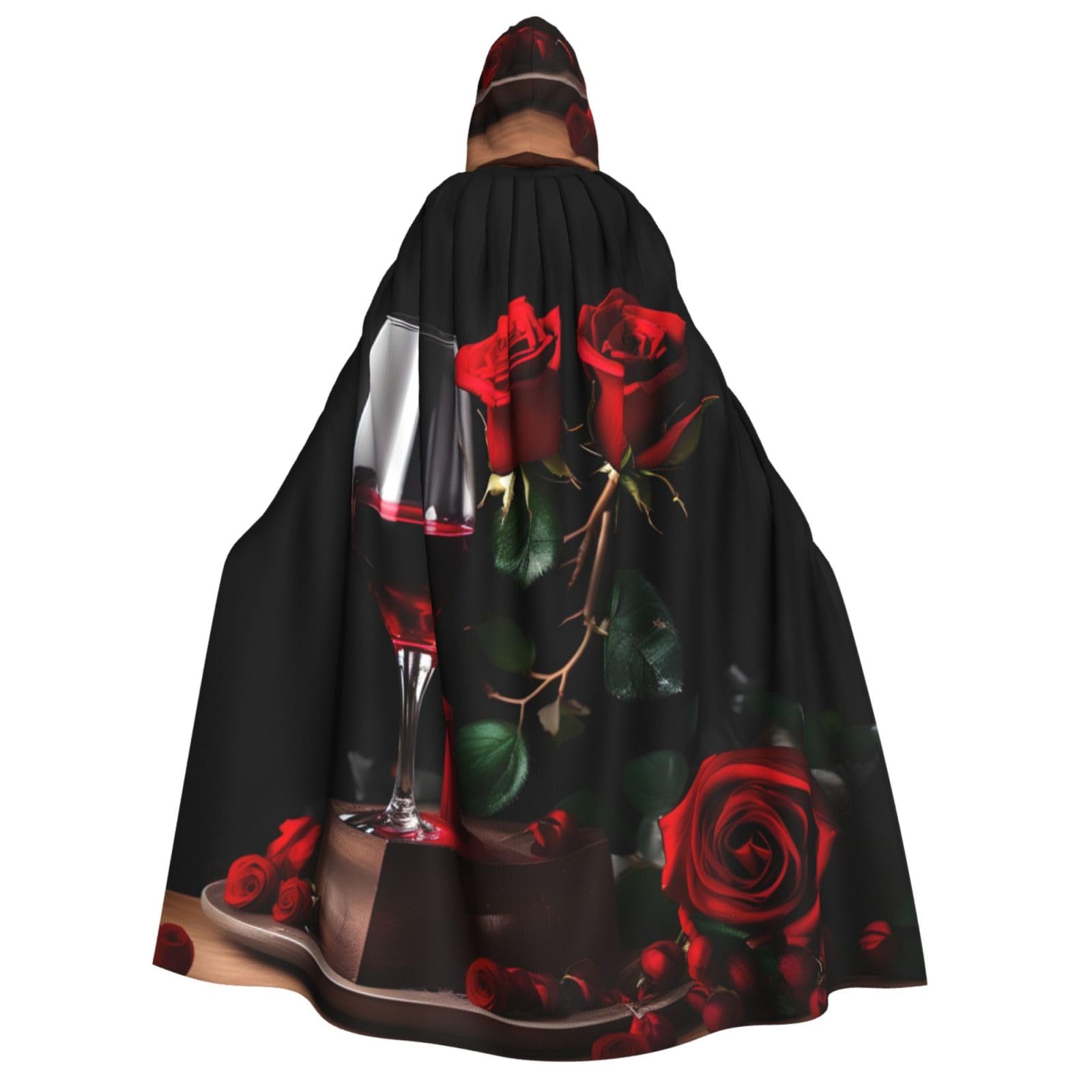 WURTON Umhang mit roter Rose und Wein, romantischer Liebes-Dekor-Druck, Kapuzenumhang für Damen und Herren, Halloween, Karneval, Cosplay, Mottopartys, Dekoration