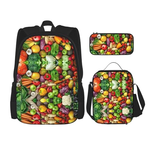 WURTON 3-in-1-Set mit frischem Obst und Gemüse, lässig, verstellbar, Schulter-Rucksack, Lunch-Tasche, Federmäppchen, Tasche, Schwarz, Einheitsgröße, Schwarz , Einheitsgröße