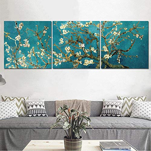 OCEANGOD Van Gogh Berühmte Gemälde Mandelblüte Leinwand Wandkunstdrucke Fertig zum Aufhängen Blumen Poster Bilder für die Raumdekoration 70x70cmx3pcs Innenrahmen