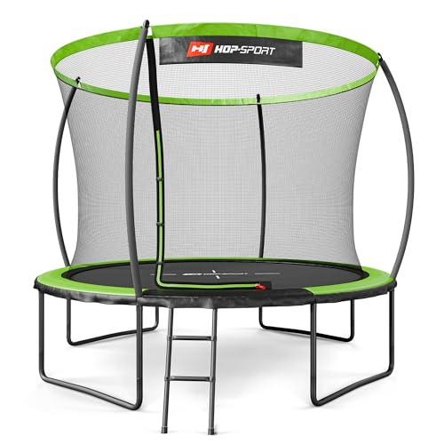 Hop-Sport Trampolin Outdoor Ø 305/366/427/488 cm - Trampolin mit innovativen, gebogenen Netzstangen, Sicherheitszertifikaten und Sicherheitsnetz (Grün/Schwarz, 305cm)