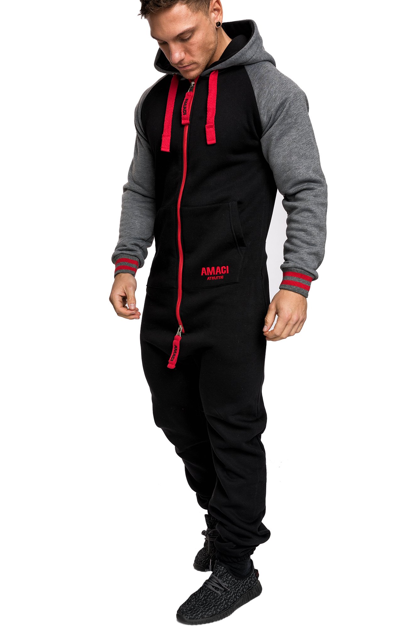 Amaci&Sons Herren Overall Jumpsuit Onesie Jogging Sportanzug Trainingsanzug Jogginganzug 3022 Schwarz/Rot 3XL