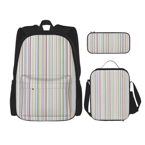 WURTON Gestreift.Print Trendy Rucksack Taschen Lunchbox und Federmäppchen 3 in 1 Verstellbarer Rucksack Set, Schwarz, One Size, Schwarz , Einheitsgröße