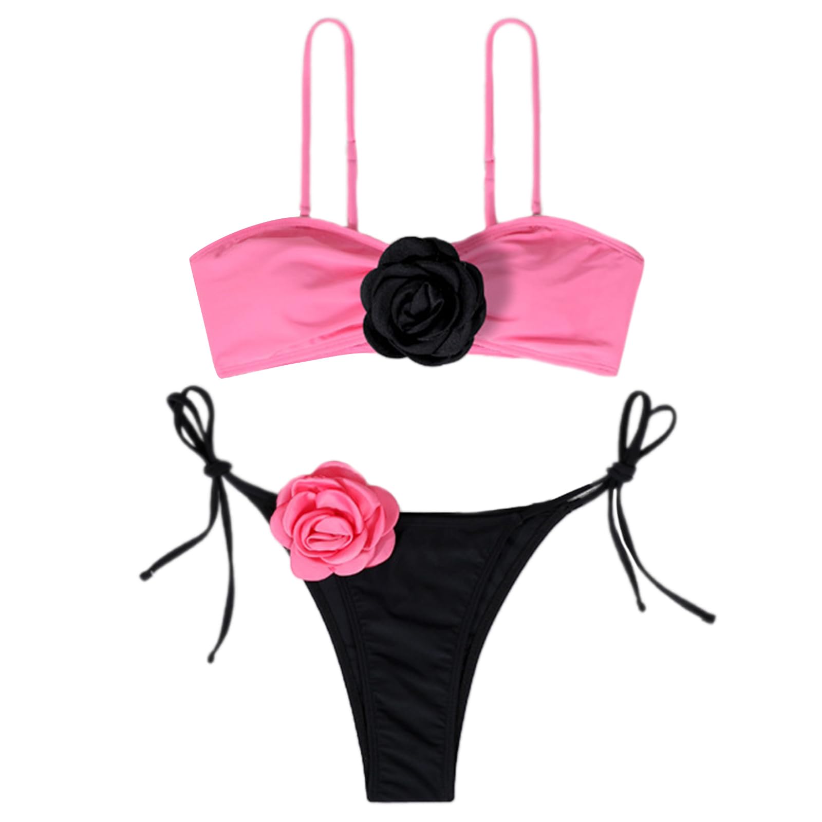 JUNNASALIKER Zweiteiliges Damen-Badeanzug-Set, 3D-Blumendekoration, Bandeau-Badeanzug mit verstellbarem Schulterriemen