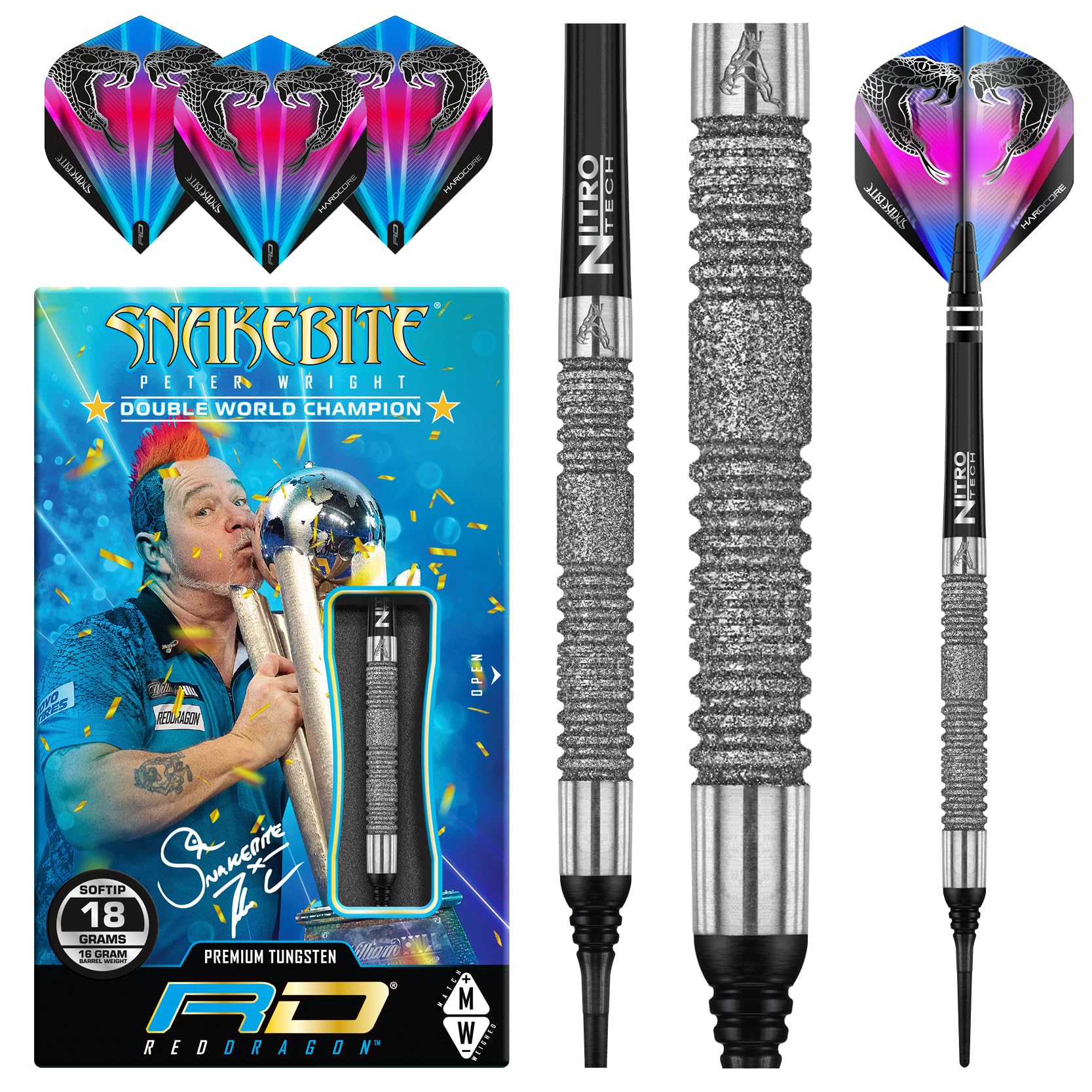 Peter Wright Snakebite Euro 11 Element: 16g Fassgewicht, 18g Gesamtgewicht Softip Tungsten Darts mit Flights und Schäfte