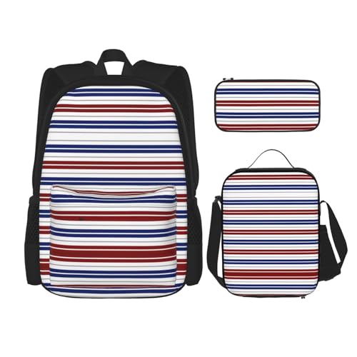 WURTON Rucksack-Set mit verstellbaren Schulterriemen, Rot, Blau, Weiß, Grau, gestreift, Lunch-Tasche, Federmäppchen, Kombinationstaschen-Set