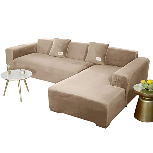 JHLD Sofabezug L Form, Stretch Sofabezug Samt L-förmiger Sofabezug Weiche Anti-rutsch Sofa Überwürfe Für Ecksofa-Kamel-4 Sitzer+4 Sitzer