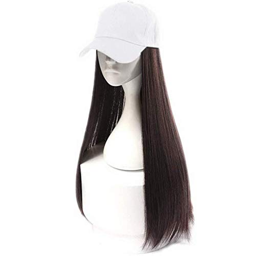 LINLINCD-Hairpieces White Baseball Cap mit langen dunkelbraunen geraden Perücken, 2 in 1 langen geraden Haarkappenhut, weibliche, natürlich aussehende Perücken