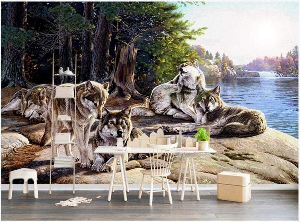 Lake Forest Wolf Party 3D Tapete Poster Restaurant Schlafzimmer Wohnzimmer Sofa TV Dekorative Wand-400cm×280cm