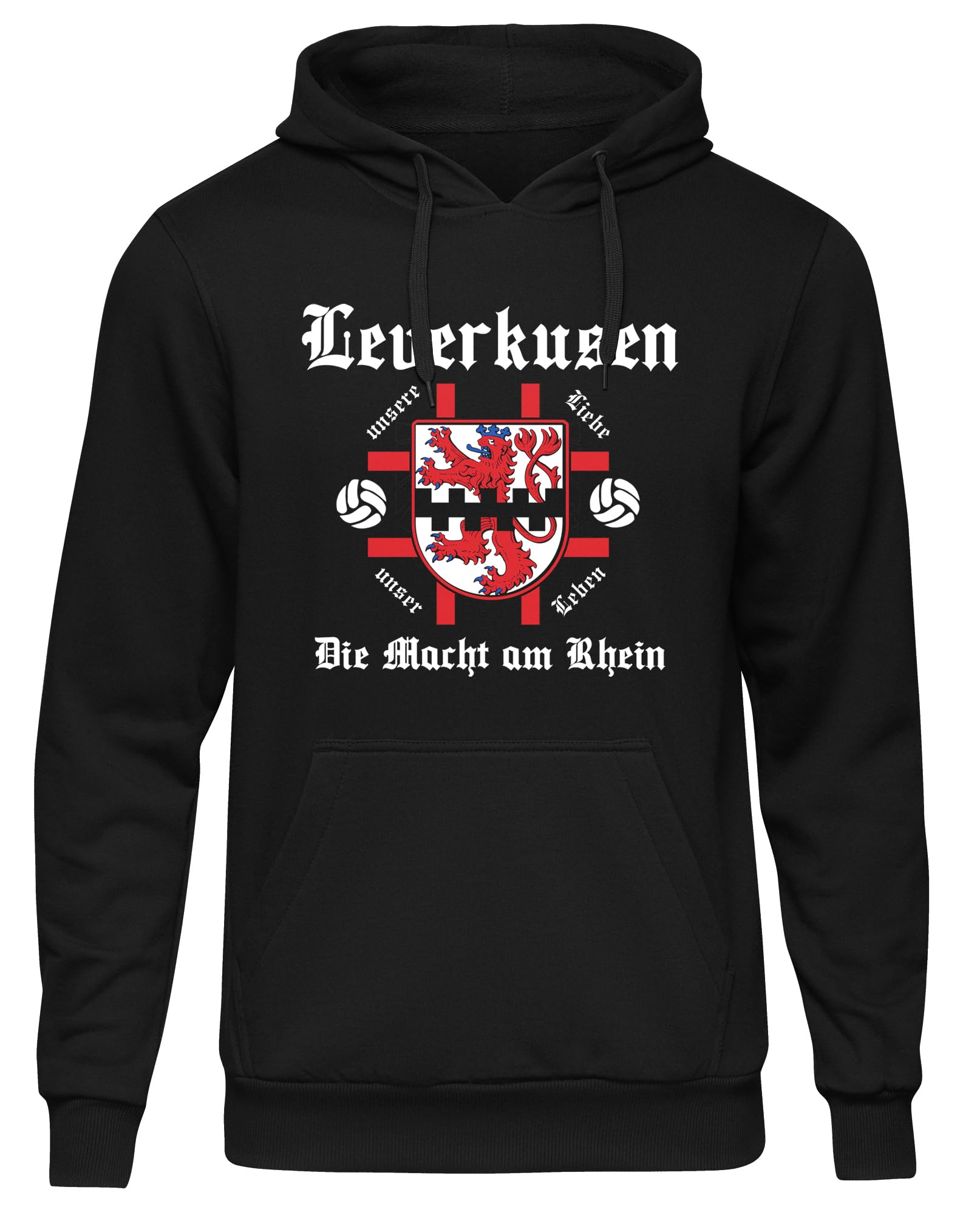 UGLYSHIRT Leverkusen Macht am Rhein Herren Kapuzenpullover | Sport Leverkusen Meister Hoodie Leverkusen Pullover Trikot Fanartikel Fussball Stadt Skyline | Schwarz (XL)