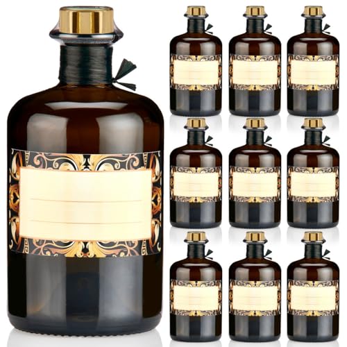 9x Apothekerflaschen braun 500ml Geschenkset mit Korken gold, Band, Kapseln & Etiketten Motiv Roma, 0,5L Glasflaschen schwarz antik leer, Braunglas Flaschen für Öl, Gin uvm.