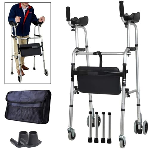 Aufrechter Gehhilfe, Gehhilfen für Senioren, Zusammenklappbarer Rollator, Tragfähigkeit 100 kg, mit gepolsterten Armlehnen, 7 höhenverstellbar, Gehhilfe mit 4 Beinen