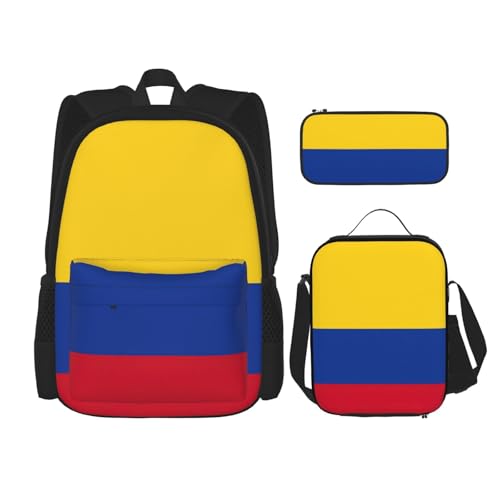 WURTON 3-in-1-Set mit Flagge von Kolumbien, lässiger verstellbarer Schulter-Rucksack, Lunch-Tasche, Federmäppchen, Tasche, Schwarz, Einheitsgröße, Schwarz , Einheitsgröße