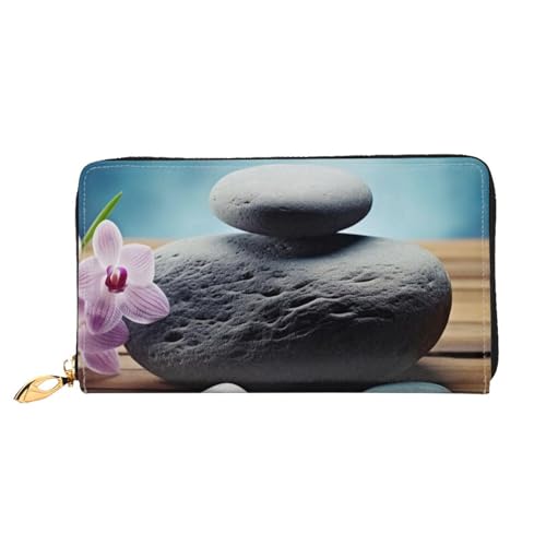 DENMER Gelbe Blumen Schmetterlinge Leder Geldbörse Kunstleder mit metallischem Reißverschluss geräumiges und stilvolles Accessoire für moderne Frauen Produkt, Zen-Stein, Einheitsgröße, Modern