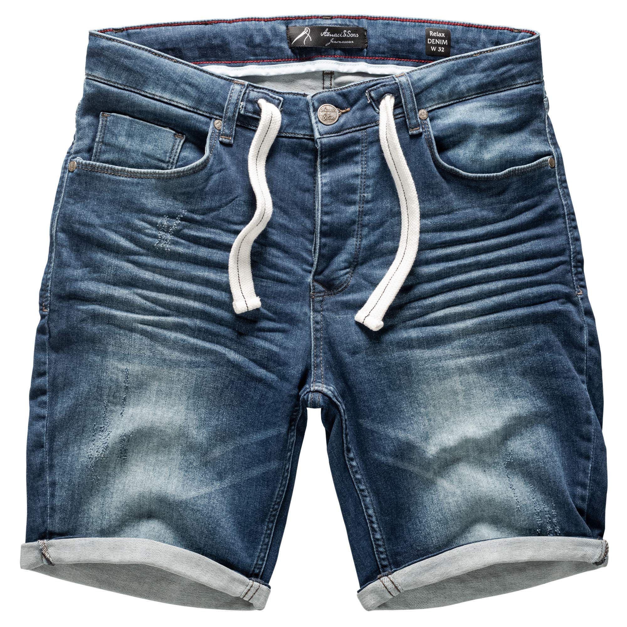 Amaci&Sons Herren Jeans Shorts Kordel Destroyed Kurze Hose Sommer Bermuda Verwaschen J5001 D-Blau W33