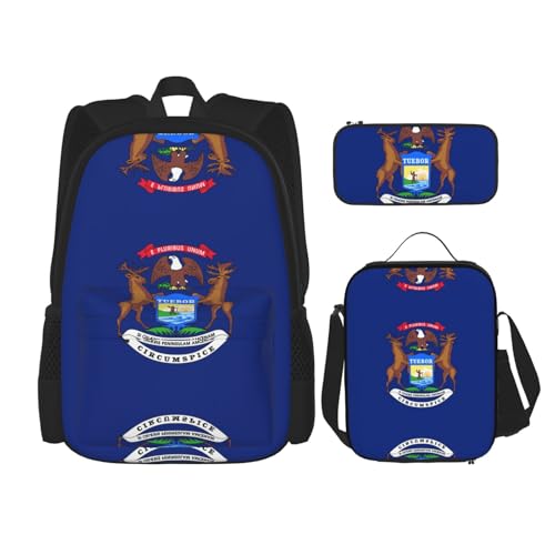 WURTON 3-in-1 Büchertaschen-Set, verstellbarer Schulterrucksack, Lunch-Tasche, Federmäppchen, Tasche mit australischer Flagge, Flagge Michigan, Einheitsgröße