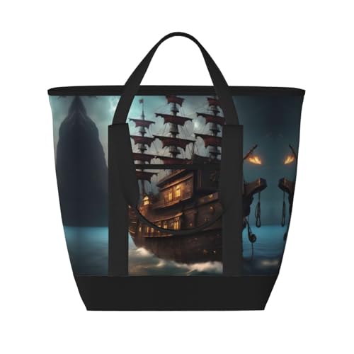 YQxwJL Isolierte Kühltasche mit Fantasie-Piratenschiff-Aufdruck, große Kapazität, Einkaufstasche, Reisen, Strand, wiederverwendbare Einkaufstasche für Erwachsene, Schwarz, Einheitsgröße, Schwarz ,