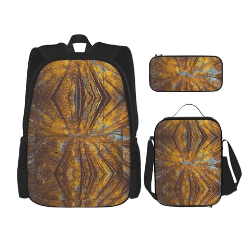 WURTON Schulrucksack-Set mit gelbem Baum-Druck, 3-in-1, Büchertasche, Set mit Lunchbox, Federmäppchen, Reise, Laptop, Tagesrucksack