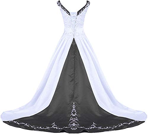 Zorayi Damen V-Ausschnitt Kapelle-Schleppe Perlen Stickerei Satin Hochzeitskleid Brautkleider Weiß & Schwarz Größe 44