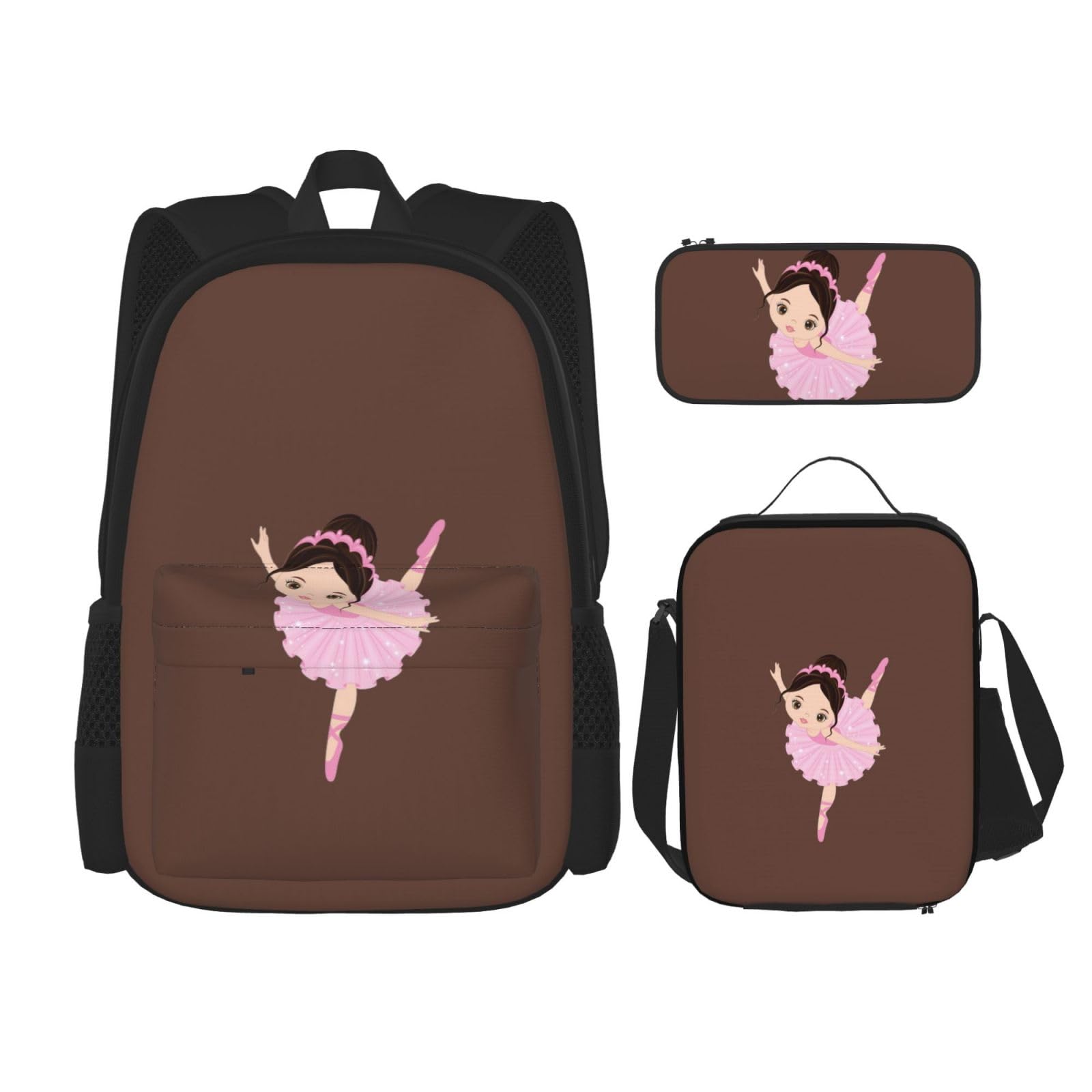 WURTON Little Ballerina Rucksack mit tanzendem Mädchen, bedruckt, für Mädchen, Jungen, Schultaschen, Teenager, Lunchbox und Federmäppchen, 3-in-1 Büchertaschen-Set, Schwarz, Einheitsgröße