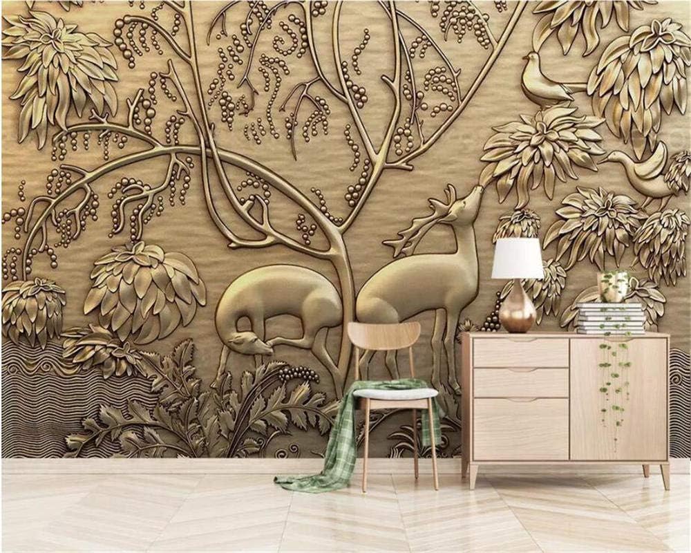 Goldkamee Blume Vogel Und Baum 3D Tapete Poster Restaurant Schlafzimmer Wohnzimmer Sofa TV Dekorative Wand-350cm×256cm