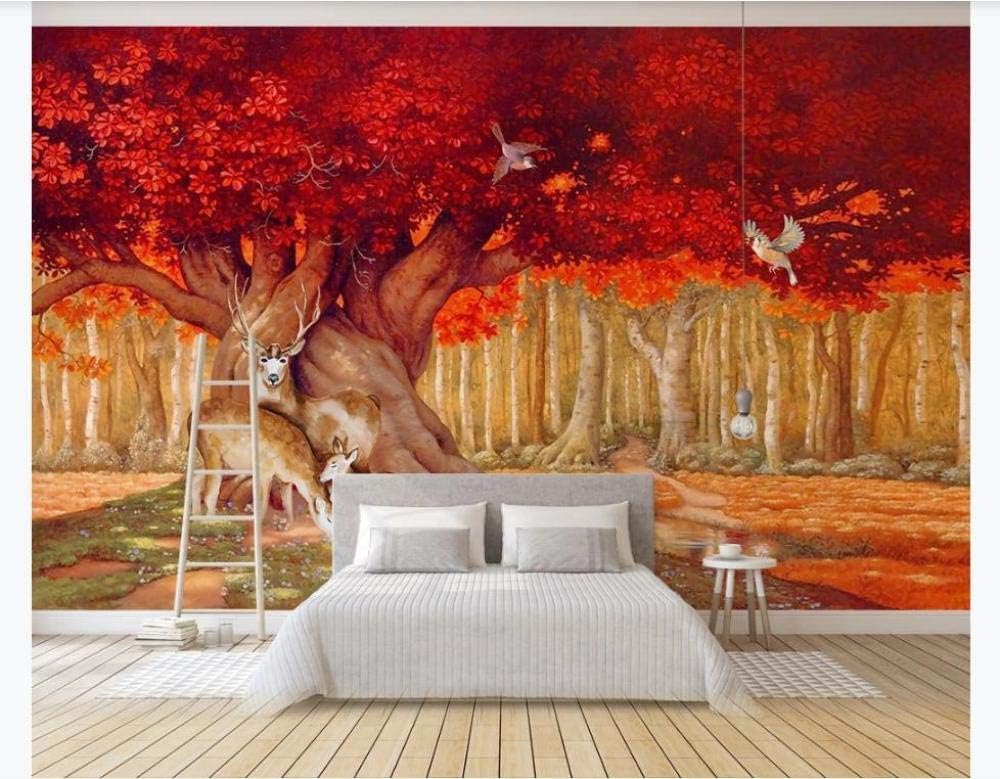 Wälder Elche Vögel Rote Bäume 3D Tapete Poster Restaurant Schlafzimmer Wohnzimmer Sofa TV Dekorative Wand-300cm×210cm