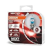 OSRAM NIGHT BREAKER LASER HB4, +150% mehr Helligkeit, Halogen-Scheinwerferlampe, 9006NL-HCB, 12V PKW, Duo Box (2 Lampen)