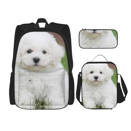 DENMER Mehrzweck-Schultasche mit passendem Federmäppchen und Lunchtasche, stilvolle All-in-One-Lösung, Bichon Frisé Hund, Einheitsgröße