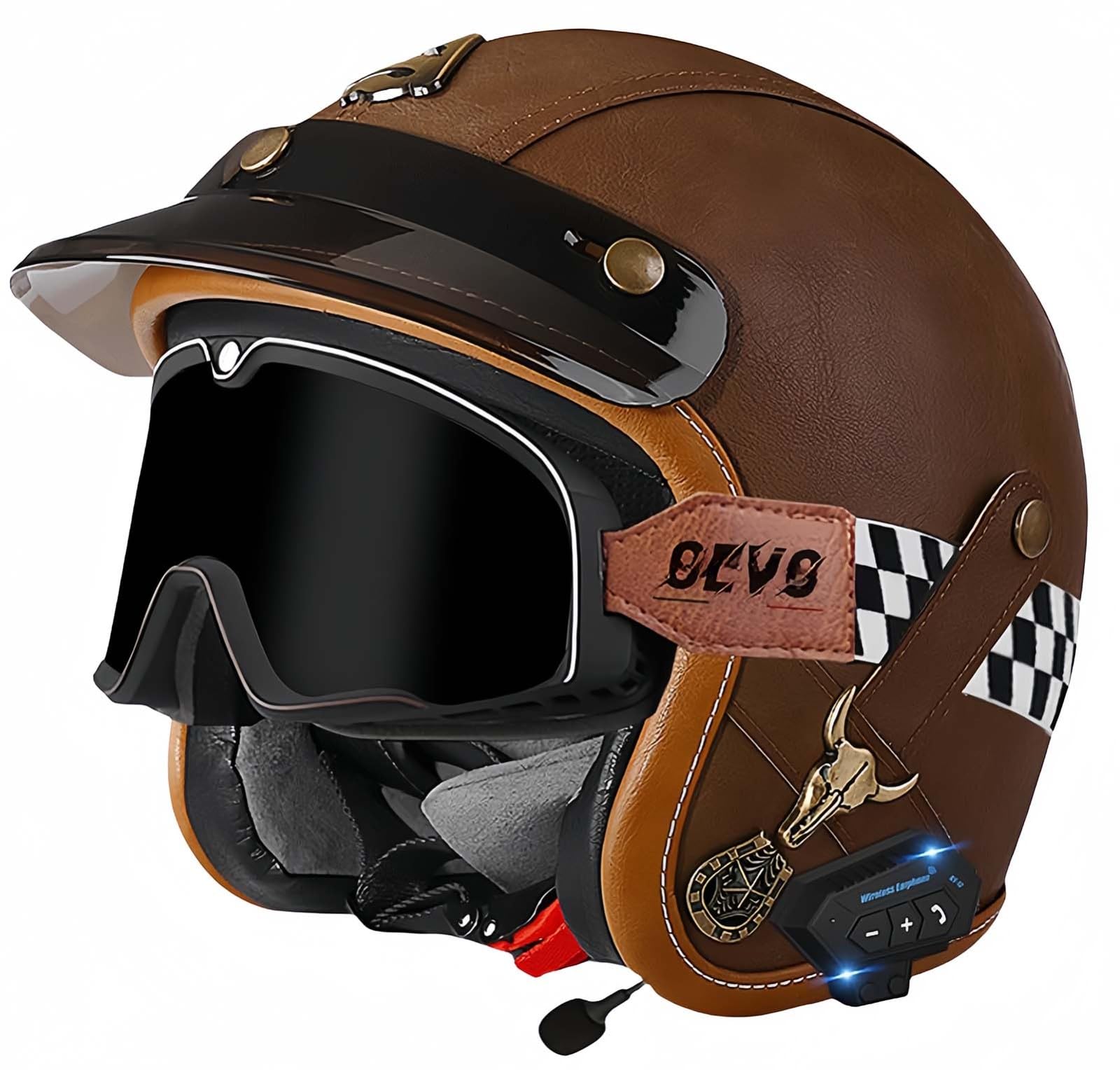 Bluetooth-Helme, Vintage-Motorradhelme, ECE/DOT-Geprüft, Offener Vintage-Helm Für Männer Und Frauen Mit Schutzbrille, Offener Gesichts-Mopedhelm, Verstellbar E,XL61-62CM